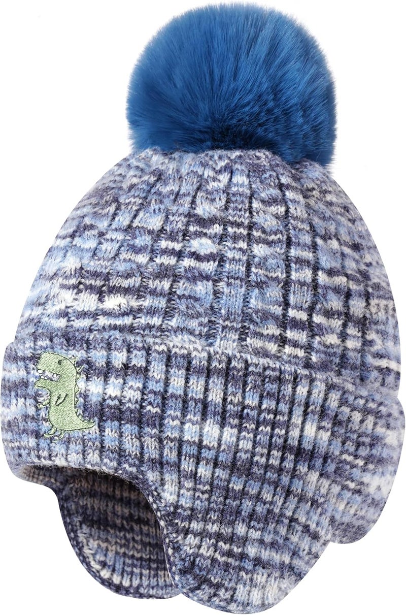 FENELY Girls Boys Winter Hat 3-12, Children's Warm Knitted Earflaps Beanie with Pom Pom Thicken Fleece Lining Cap for Kids - Image 1